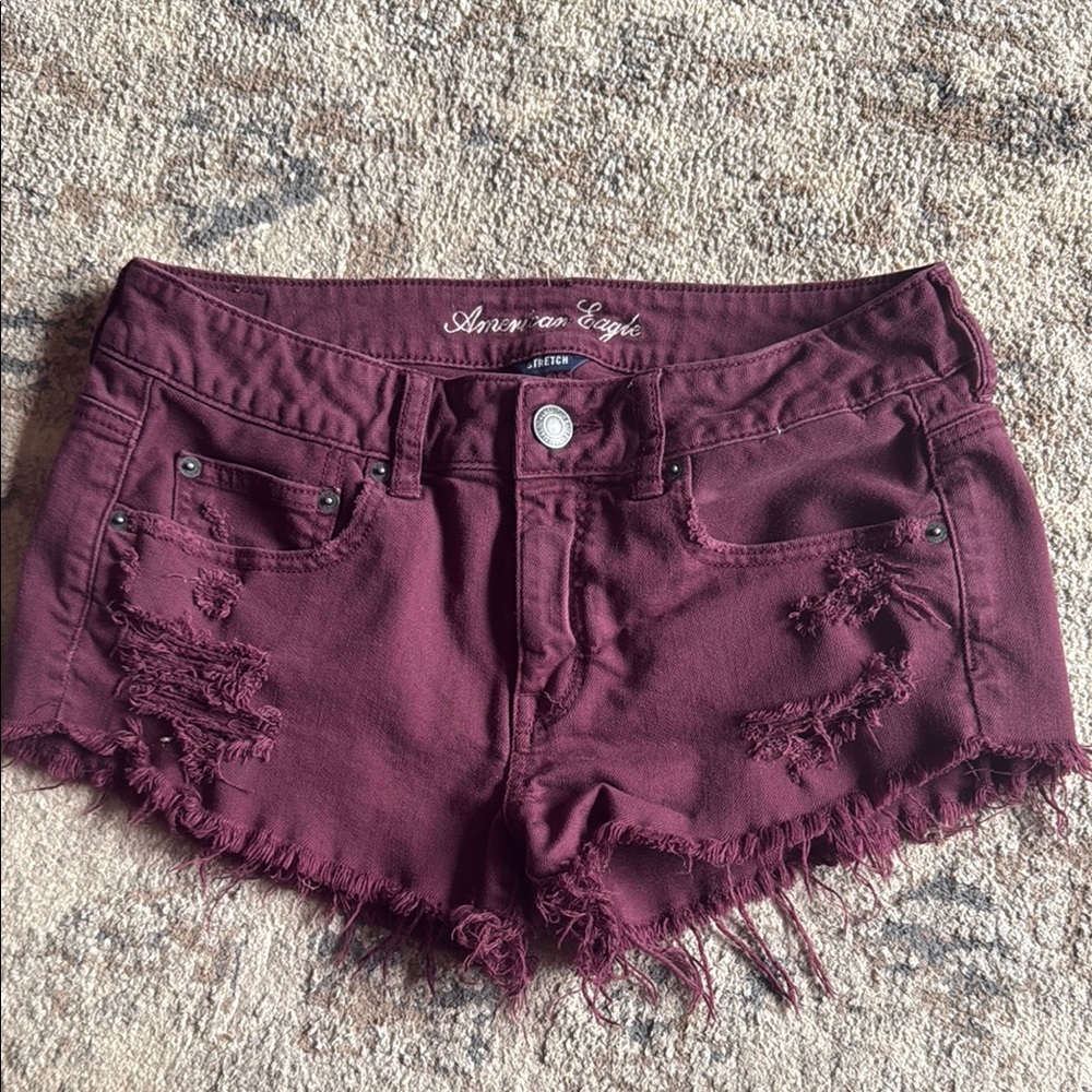 American Eagle Outfitters Red Jean Shorts Distressed Frayed Hem